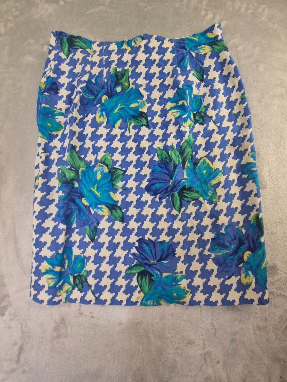 August Silk Diane Gilman Blue Floral Houndstooth Pencil Skirt Women's L Lined